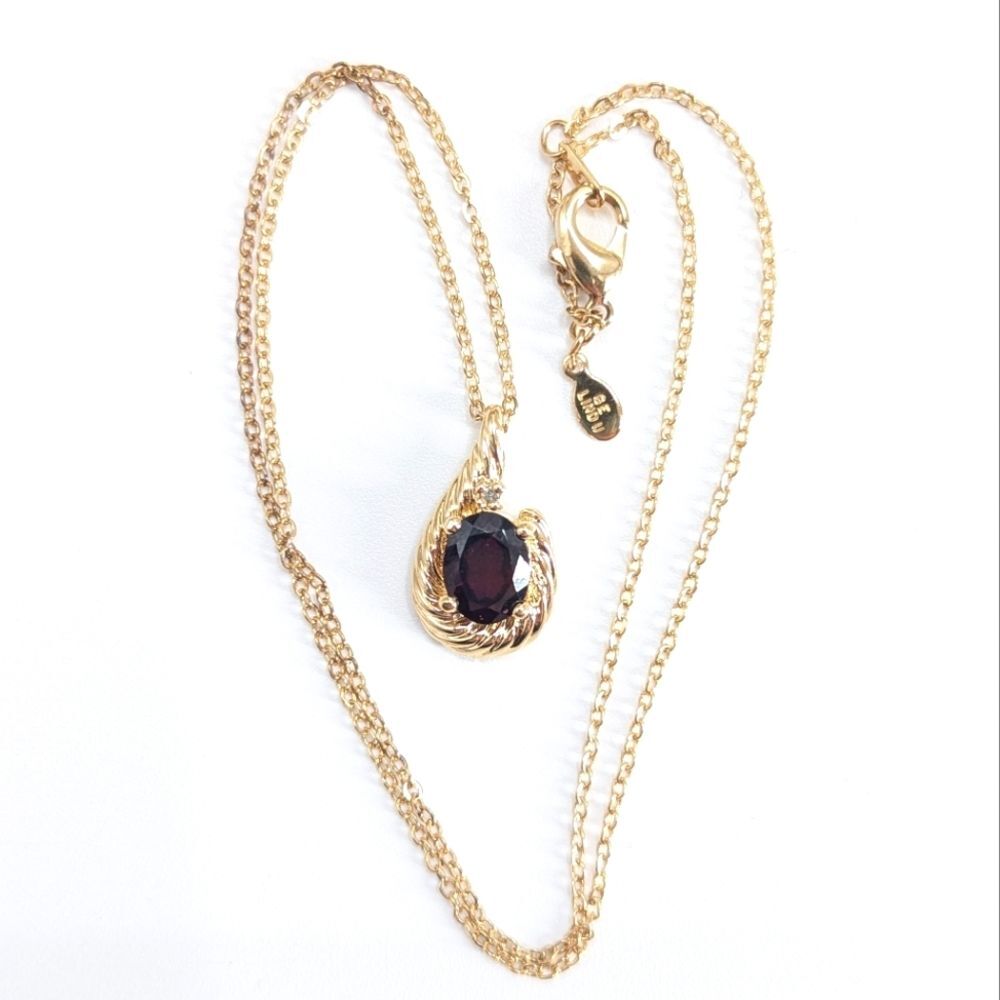 GE LIND Signed Vintage Garnet Rhinestone Glass Necklace Gold Electroplated